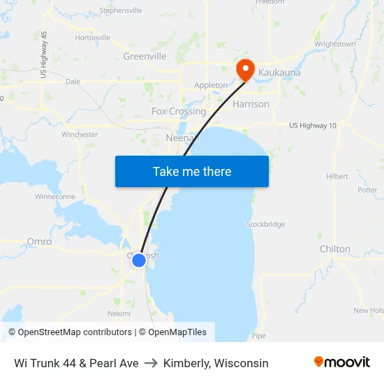 Wi Trunk 44 & Pearl Ave to Kimberly, Wisconsin map