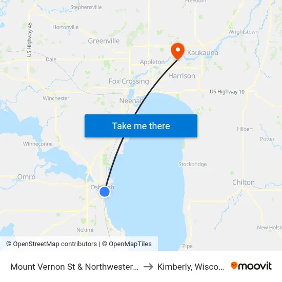 Mount Vernon St & Northwestern Ave to Kimberly, Wisconsin map