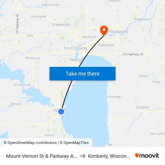Mount Vernon St & Parkway Ave to Kimberly, Wisconsin map