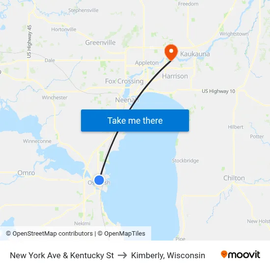 New York Ave & Kentucky St to Kimberly, Wisconsin map
