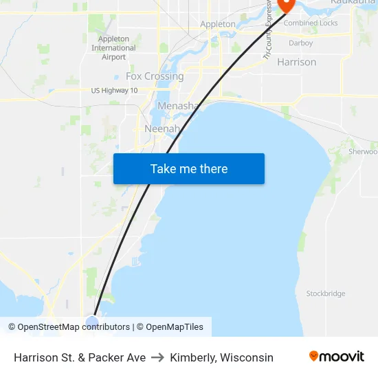 Harrison St. & Packer Ave to Kimberly, Wisconsin map
