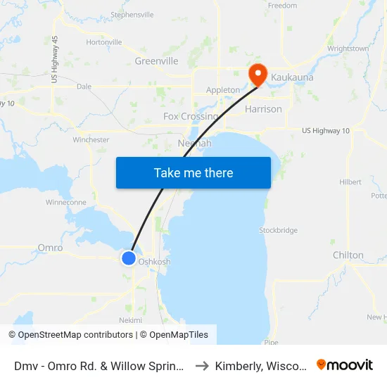 Dmv - Omro Rd. & Willow Springs Rd. to Kimberly, Wisconsin map