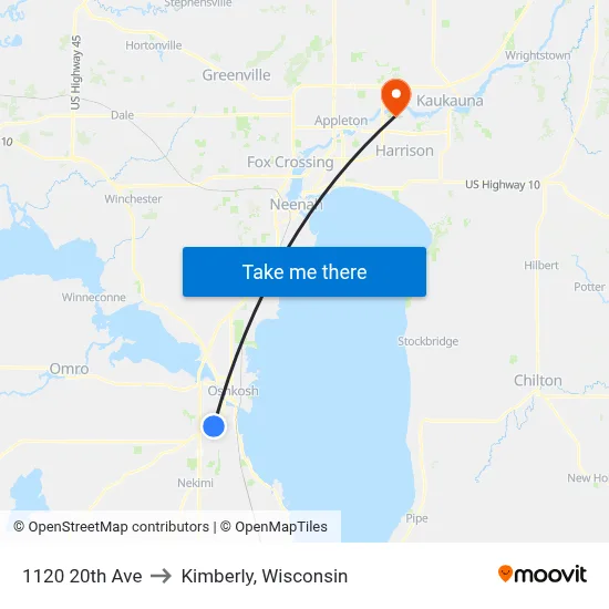 1120 20th Ave to Kimberly, Wisconsin map