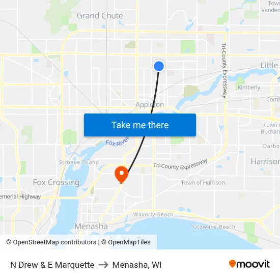 N Drew & E Marquette to Menasha, WI map