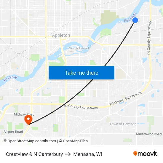 Crestview & N Canterbury to Menasha, WI map