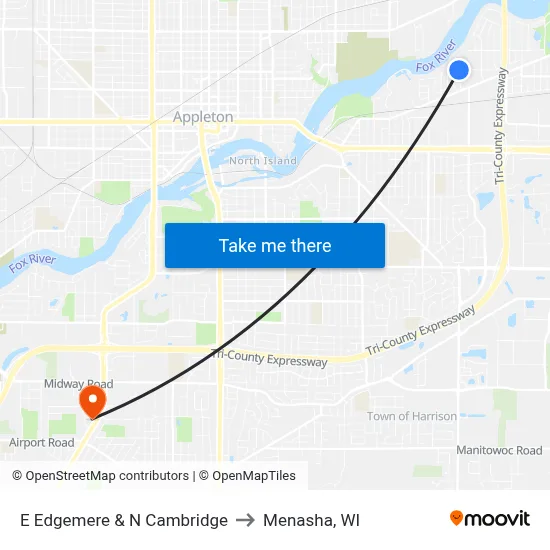E Edgemere & N Cambridge to Menasha, WI map