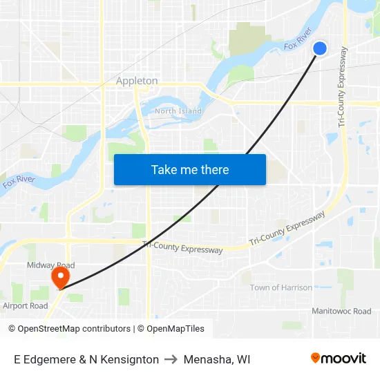 E Edgemere & N Kensignton to Menasha, WI map