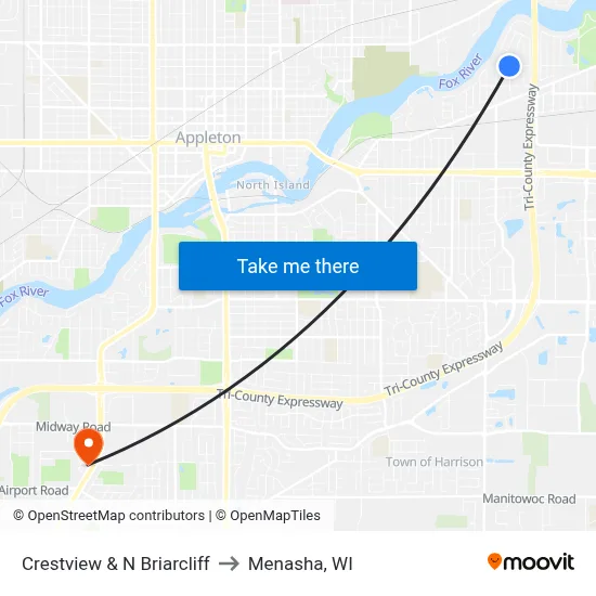 Crestview & N Briarcliff to Menasha, WI map