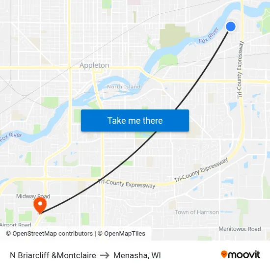 N Briarcliff &Montclaire to Menasha, WI map