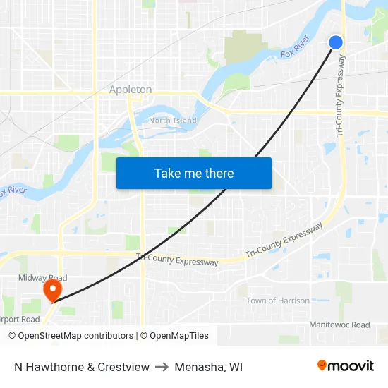 N Hawthorne & Crestview to Menasha, WI map