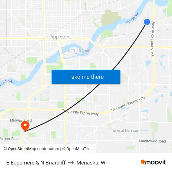 E Edgemere & N Briarcliff to Menasha, WI map
