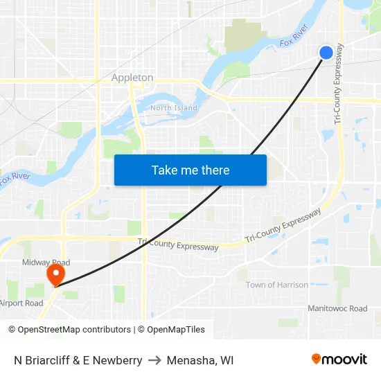 N Briarcliff & E Newberry to Menasha, WI map
