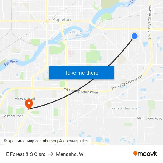 E Forest & S Clara to Menasha, WI map