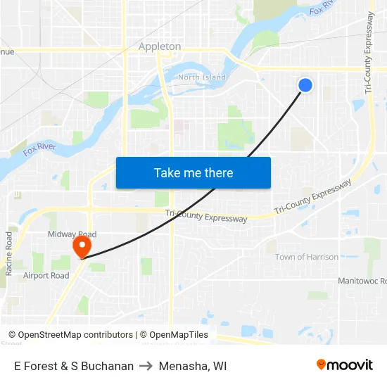 E Forest & S Buchanan to Menasha, WI map