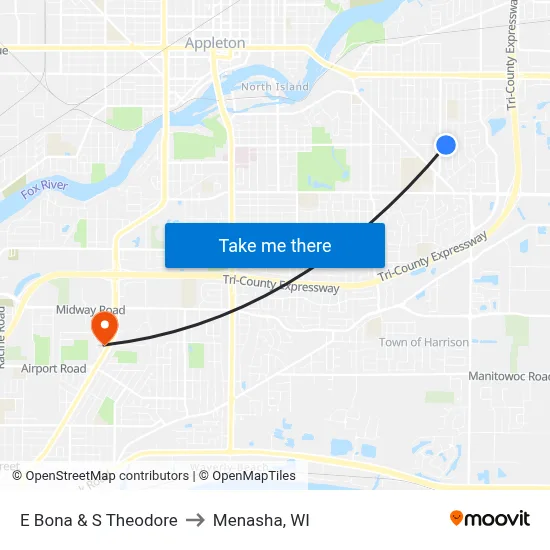 E Bona & S Theodore to Menasha, WI map