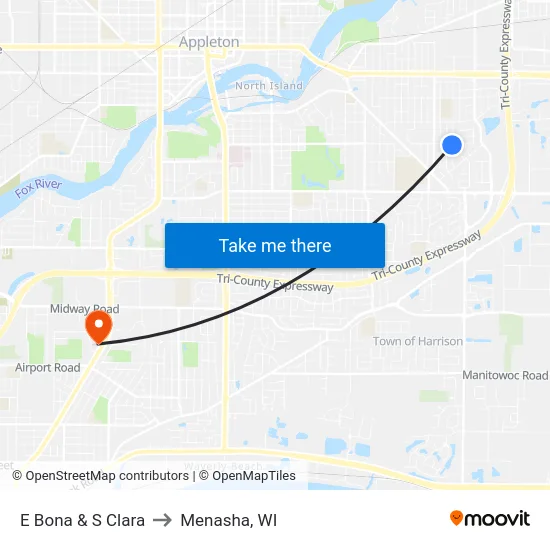 E Bona & S Clara to Menasha, WI map