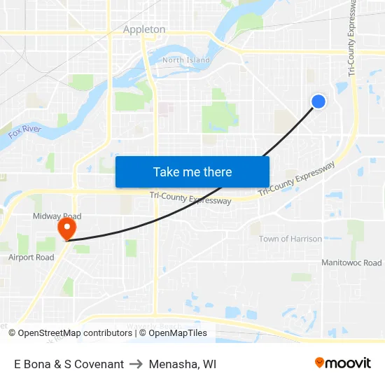 E Bona & S Covenant to Menasha, WI map