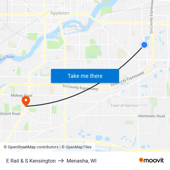 E Rail & S Kensington to Menasha, WI map