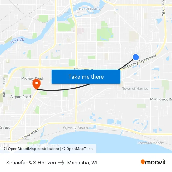 Schaefer & S Horizon to Menasha, WI map
