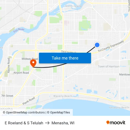 E Roeland & S Telulah to Menasha, WI map