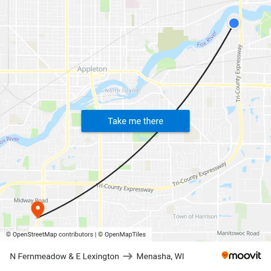 N Fernmeadow & E Lexington to Menasha, WI map