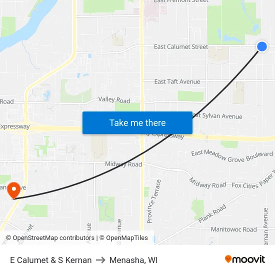 E Calumet & S Kernan to Menasha, WI map