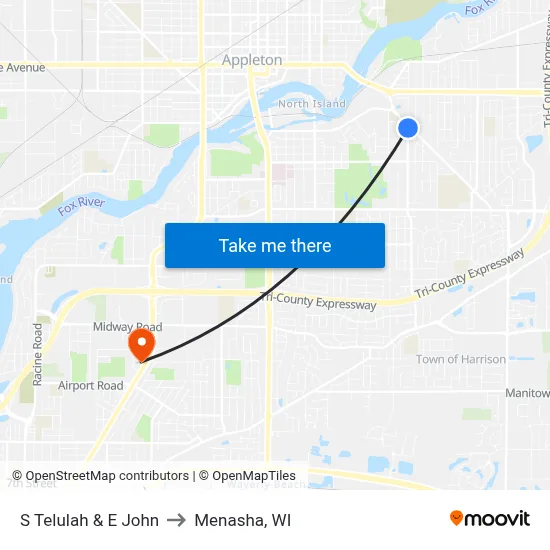 S Telulah & E John to Menasha, WI map