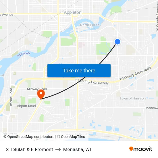 S Telulah & E Fremont to Menasha, WI map