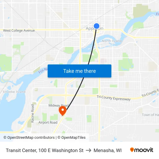 Transit Center, 100 E Washington St to Menasha, WI map