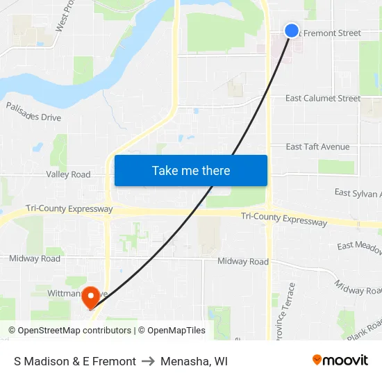S Madison & E Fremont to Menasha, WI map
