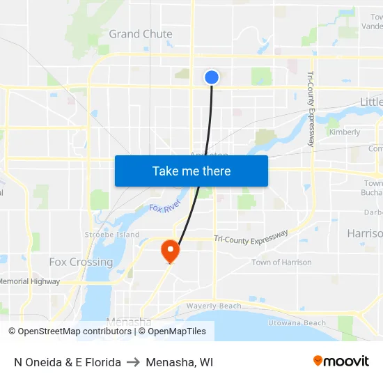 N Oneida & E Florida to Menasha, WI map