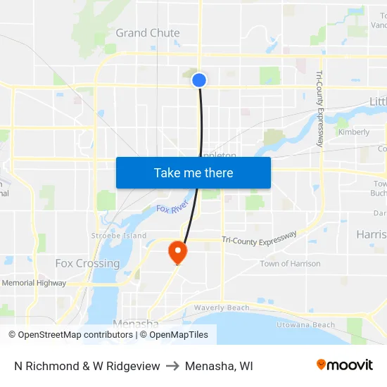 N Richmond & W Ridgeview to Menasha, WI map