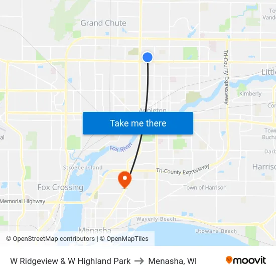 W Ridgeview & W Highland Park to Menasha, WI map