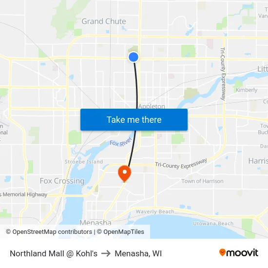 Northland Mall @ Kohl's to Menasha, WI map
