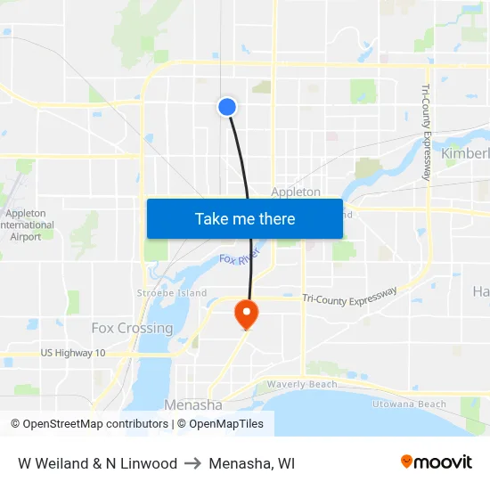 W Weiland & N Linwood to Menasha, WI map