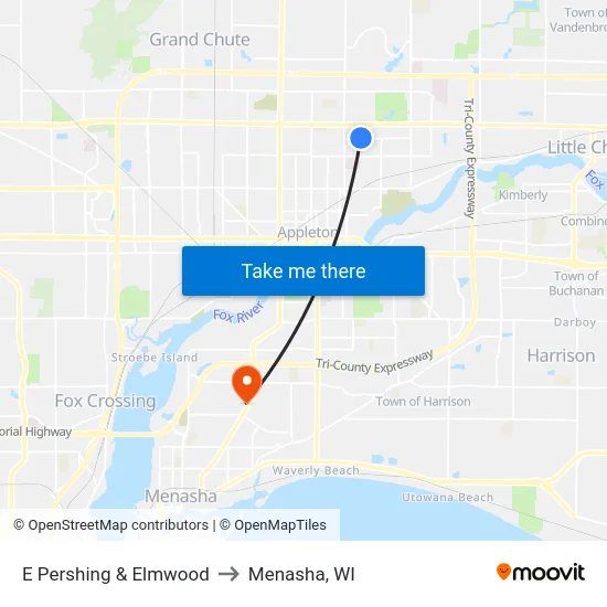 E Pershing & Elmwood to Menasha, WI map