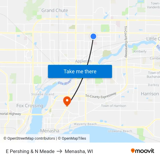 E Pershing & N Meade to Menasha, WI map