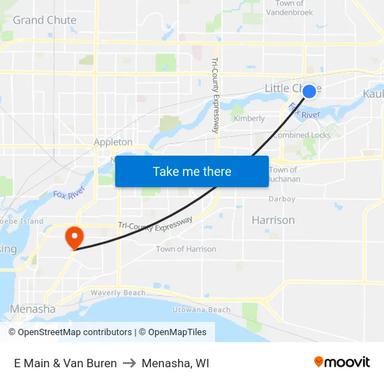 E Main & Van Buren to Menasha, WI map