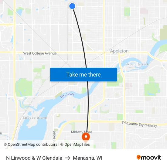 N Linwood & W Glendale to Menasha, WI map