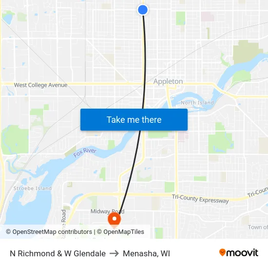 N Richmond & W Glendale to Menasha, WI map