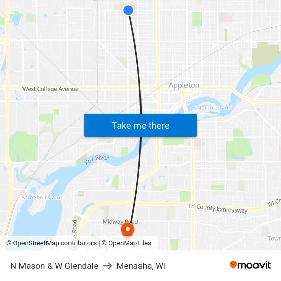 N Mason & W Glendale to Menasha, WI map