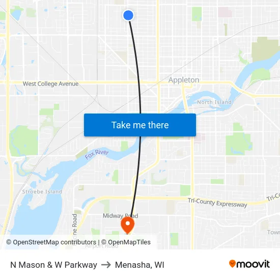N Mason & W Parkway to Menasha, WI map
