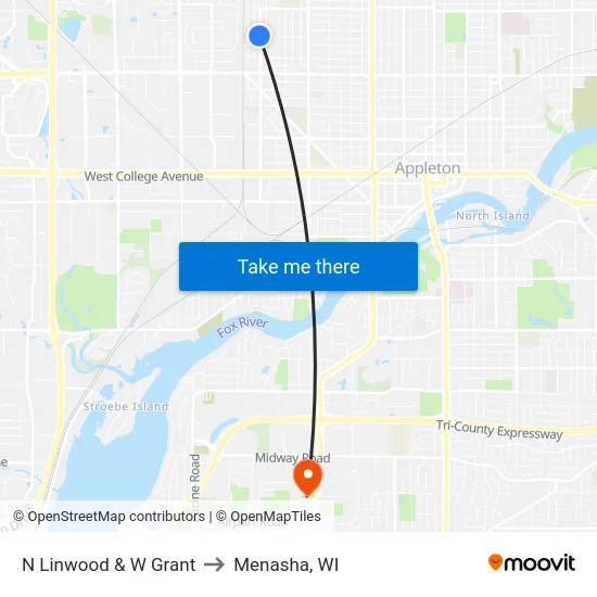 N Linwood & W Grant to Menasha, WI map