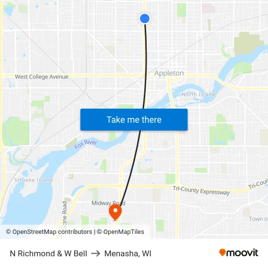 N Richmond & W Bell to Menasha, WI map