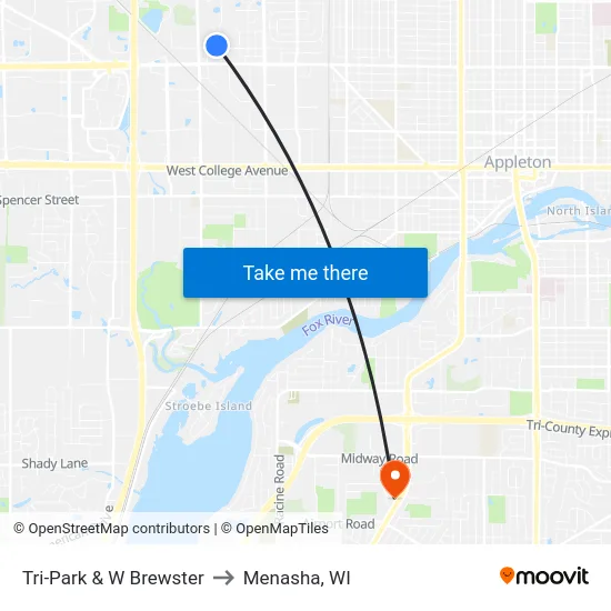 Tri-Park & W Brewster to Menasha, WI map