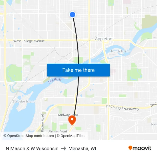 N Mason & W Wisconsin to Menasha, WI map