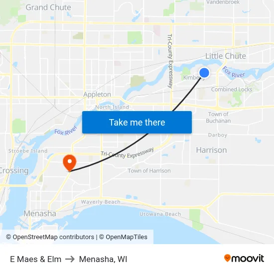 E Maes & Elm to Menasha, WI map