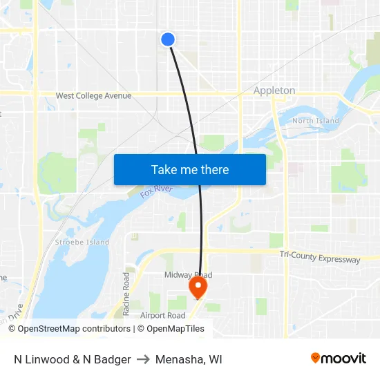 N Linwood & N Badger to Menasha, WI map