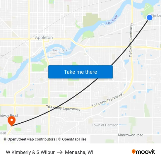 W Kimberly & S Wilbur to Menasha, WI map