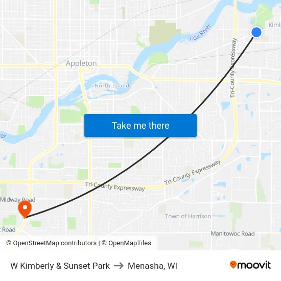 W Kimberly & Sunset Park to Menasha, WI map